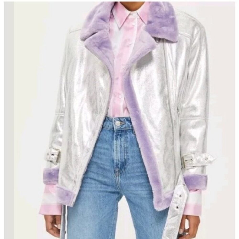 TOPSHOP woman's silver metallic shearling biker  jacket size 4 NWOT